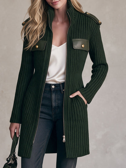 Retro Elegant Dark Green Stand-Collar Zip-Up Ribbed Knit Cardigan Coat
