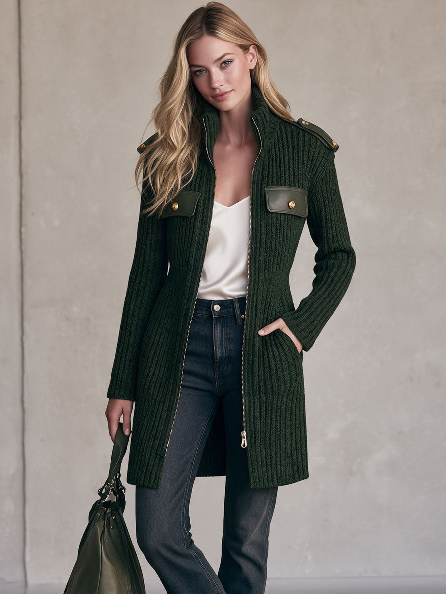 Retro Elegant Dark Green Stand-Collar Zip-Up Ribbed Knit Cardigan Coat
