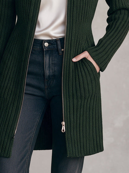 Retro Elegant Dark Green Stand-Collar Zip-Up Ribbed Knit Cardigan Coat