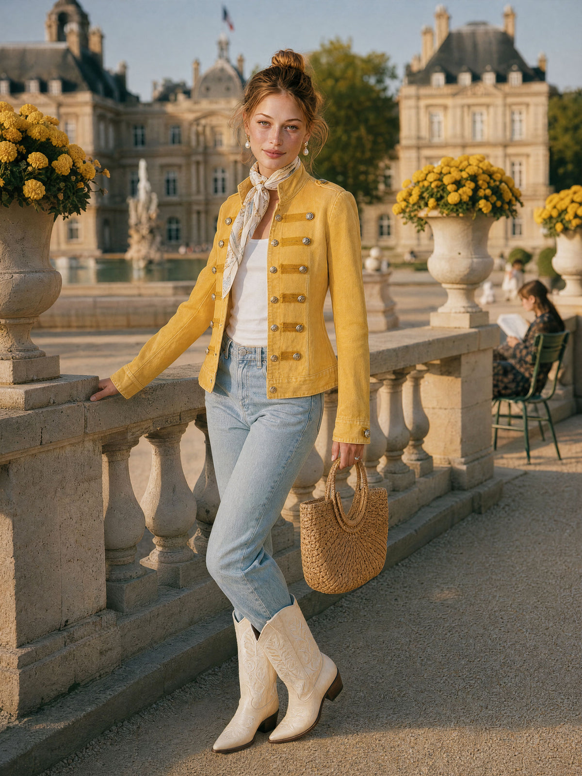 Vintage Military-style Faded Yellow Denim Jacket