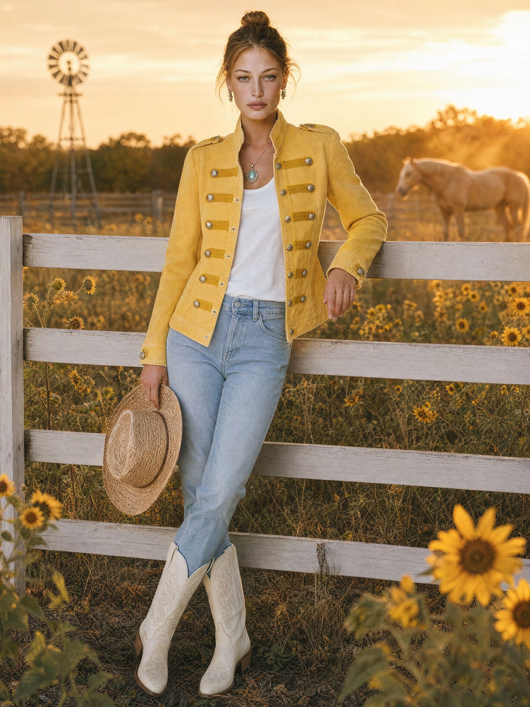 Vintage Military-style Faded Yellow Denim Jacket