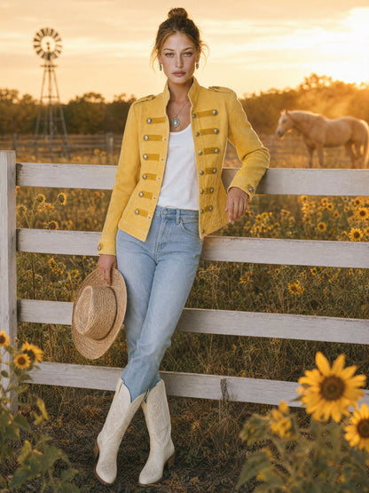 Vintage Military-style Faded Yellow Denim Jacket