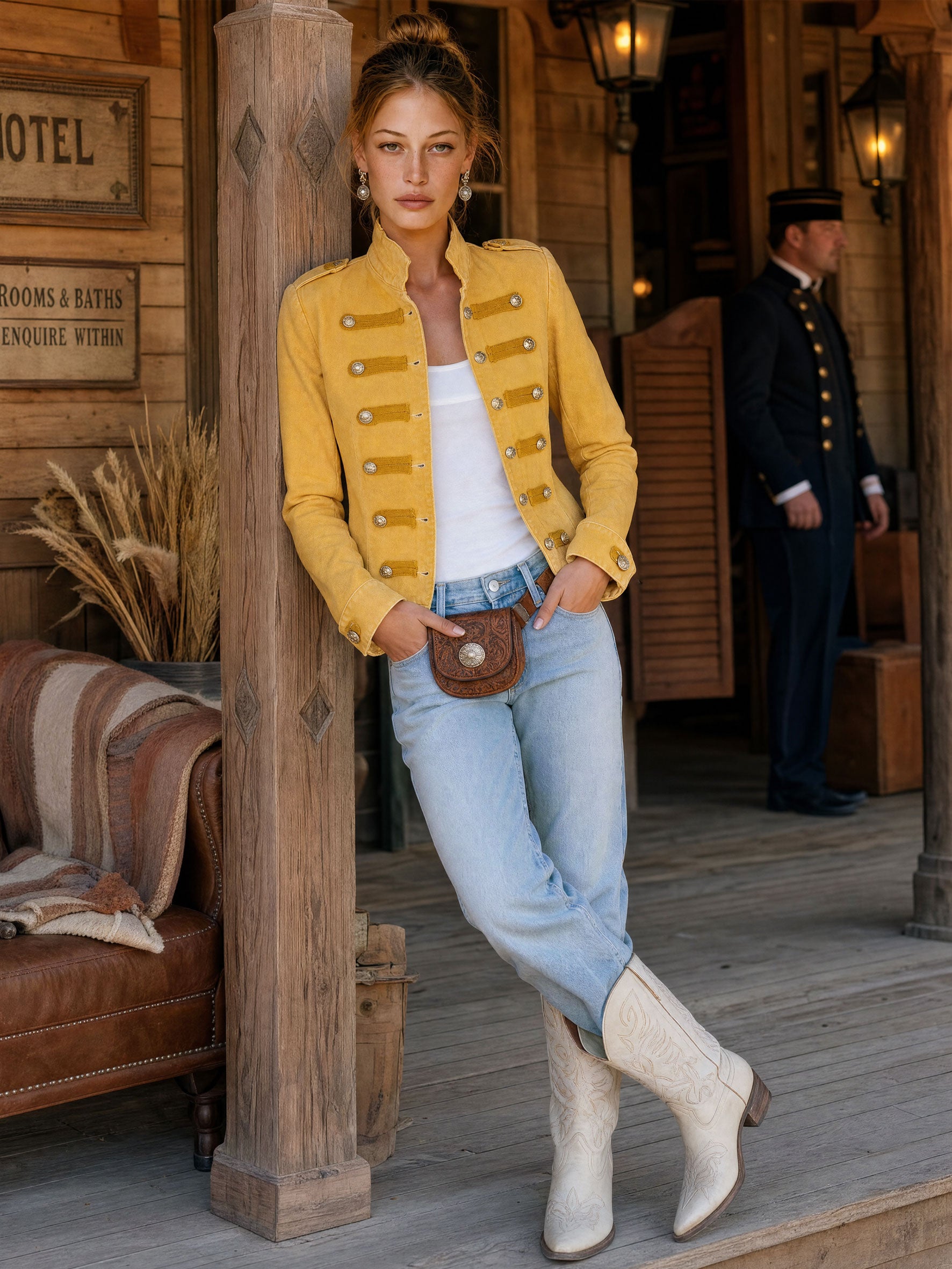 Vintage Military-style Faded Yellow Denim Jacket