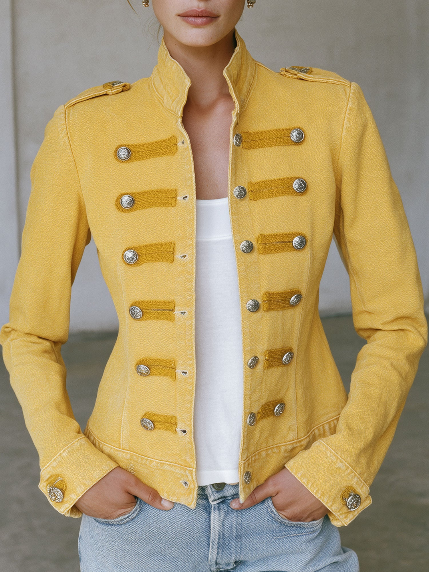 Vintage Military-style Faded Yellow Denim Jacket