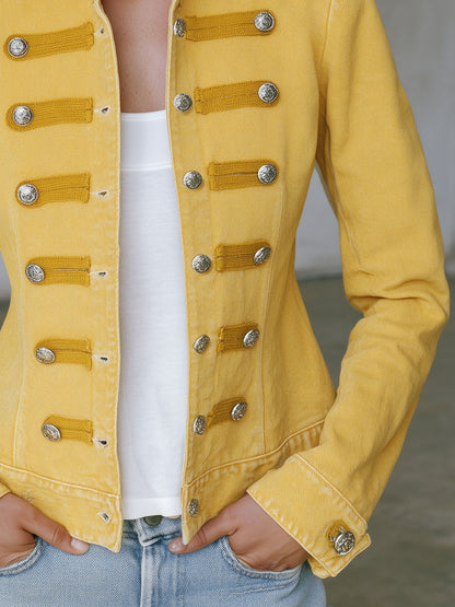 Vintage Military-style Faded Yellow Denim Jacket