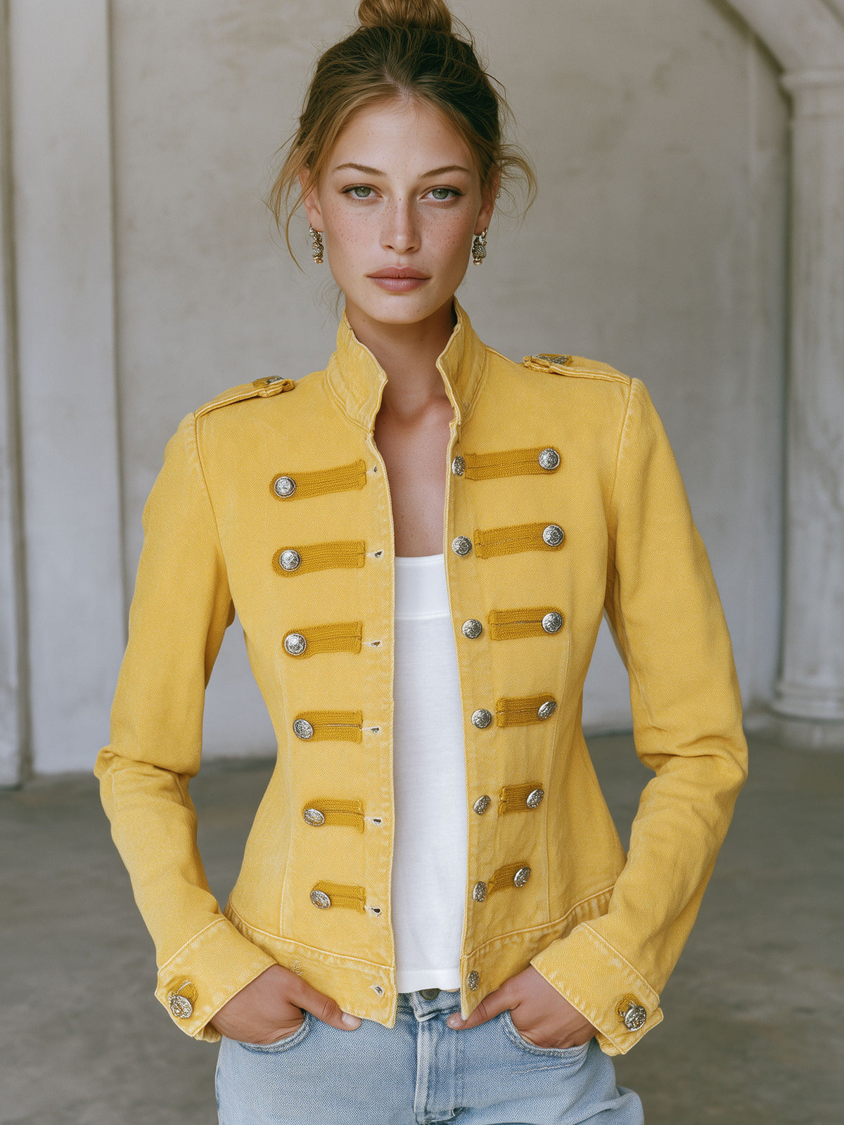 Vintage Military-style Faded Yellow Denim Jacket