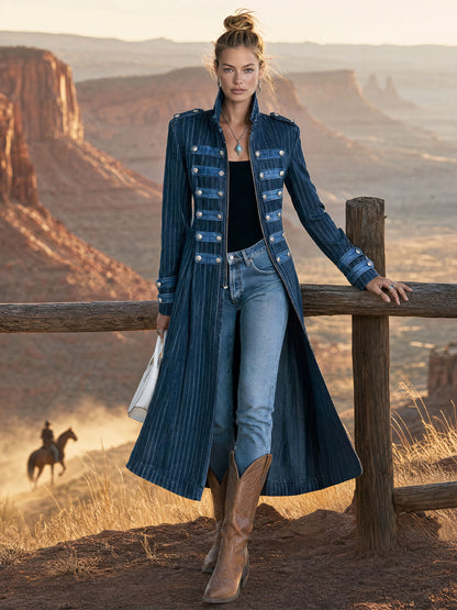 Military Officer Retro Zipper Metal Button Striped Denim Slim Fit Long Coat