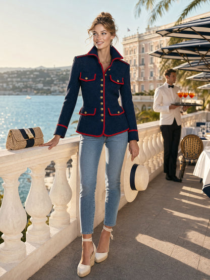 Military Officer Retro Red-trimmed Navy Blue Knitted Cardigan Jacket