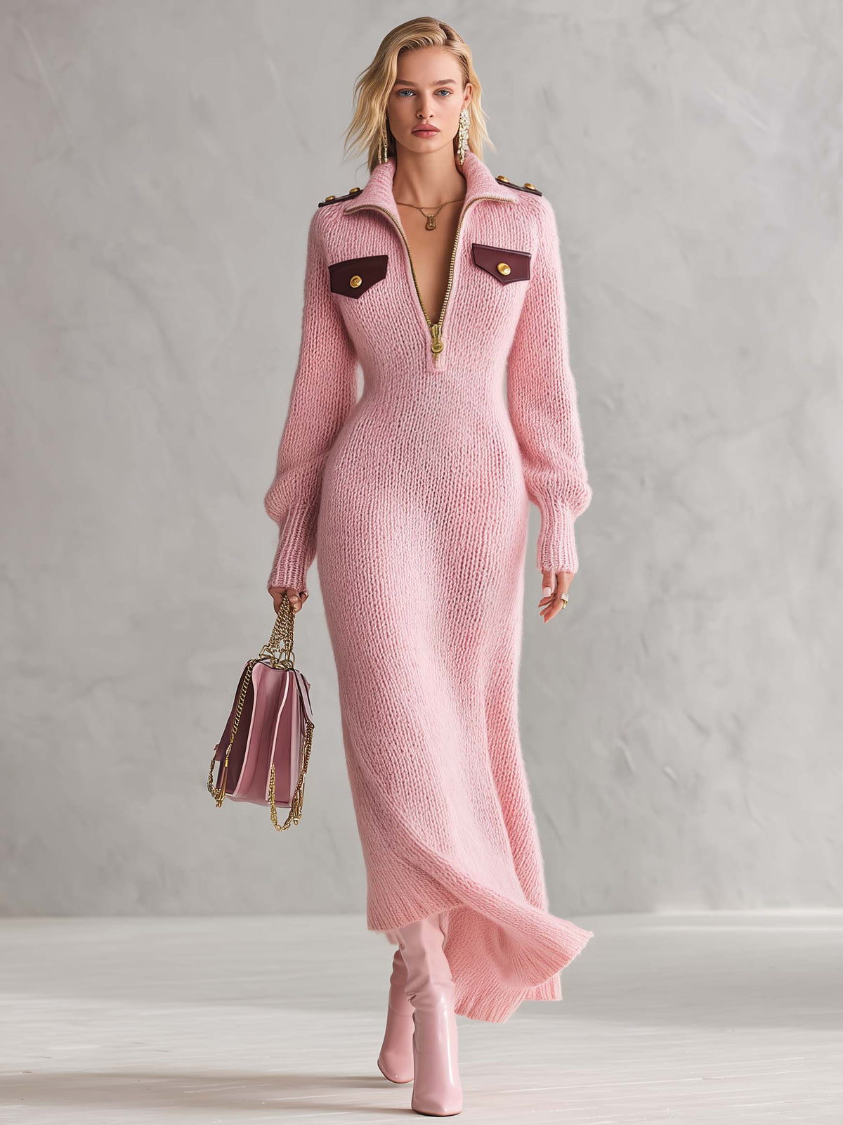 Military Chic Pink Chunky Knit Zip Front Maxi Sweater Dress Gold Button