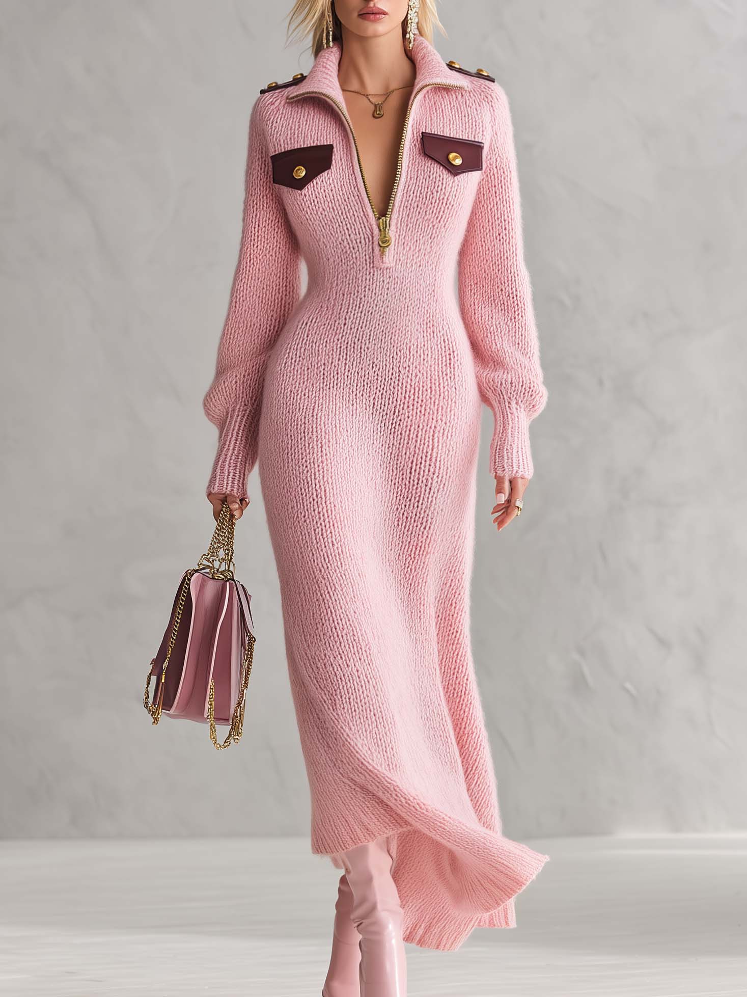 Military Chic Pink Chunky Knit Zip Front Maxi Sweater Dress Gold Button