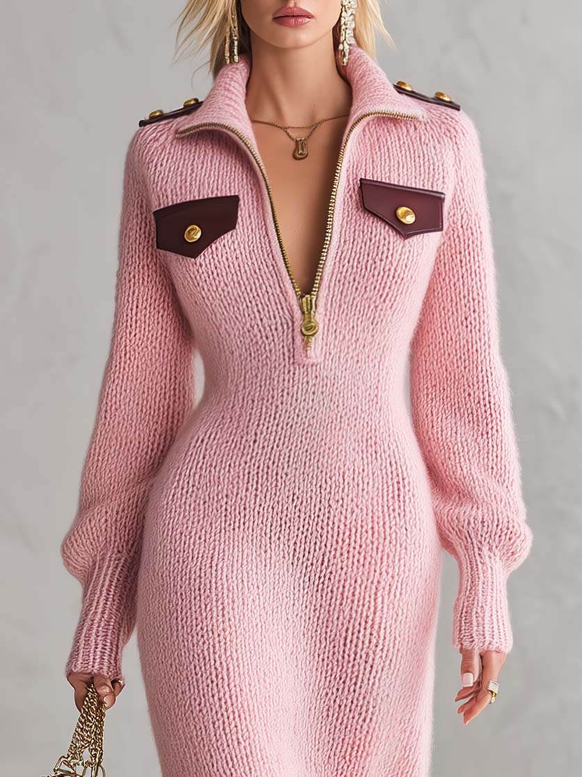Military Chic Pink Chunky Knit Zip Front Maxi Sweater Dress Gold Button
