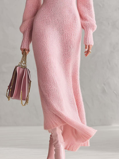 Military Chic Pink Chunky Knit Zip Front Maxi Sweater Dress Gold Button