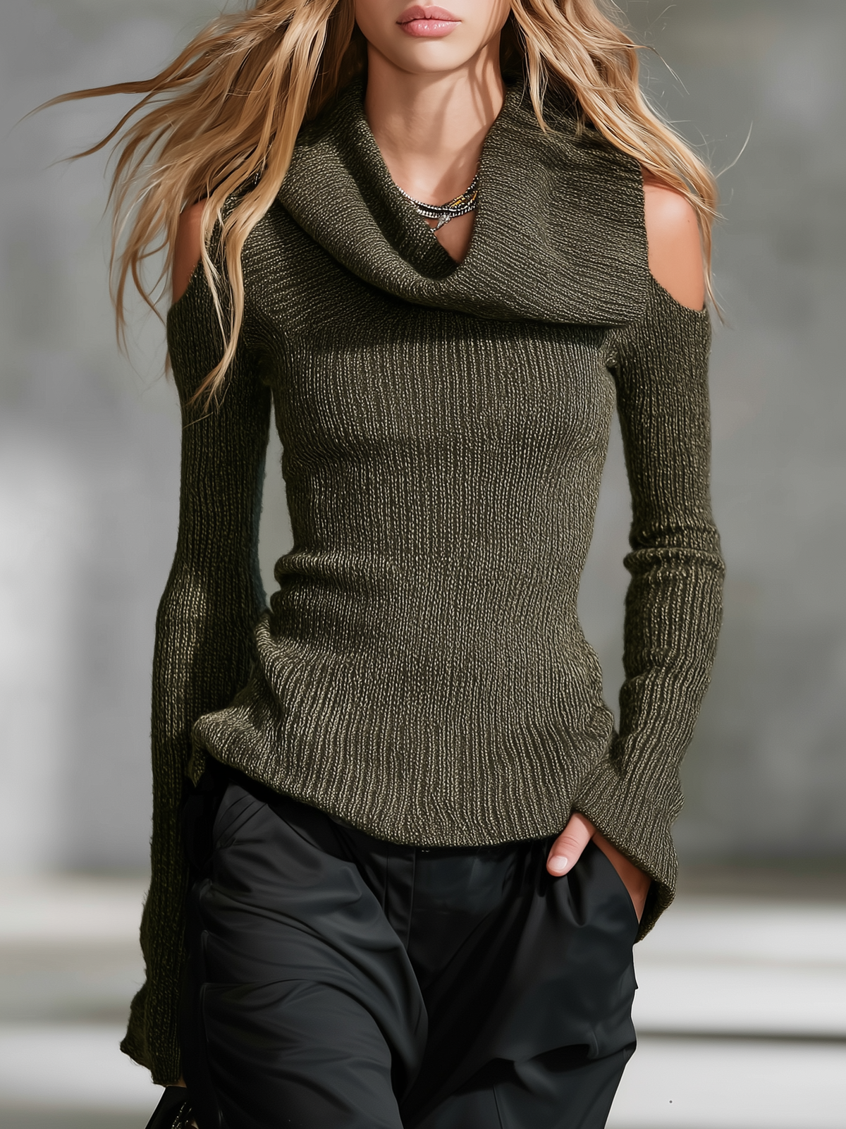 Retro-chic Elegant Draped-neck Off-shoulder Knit Top