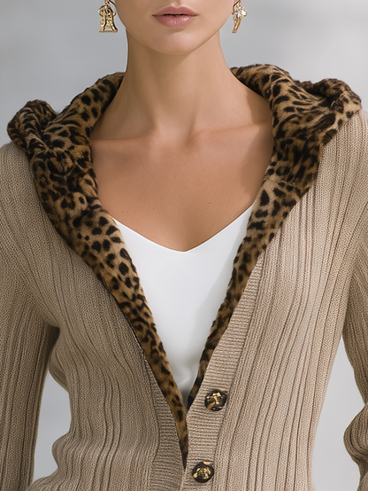 Retro-chic Leopard Print Hooded Knit Jacket