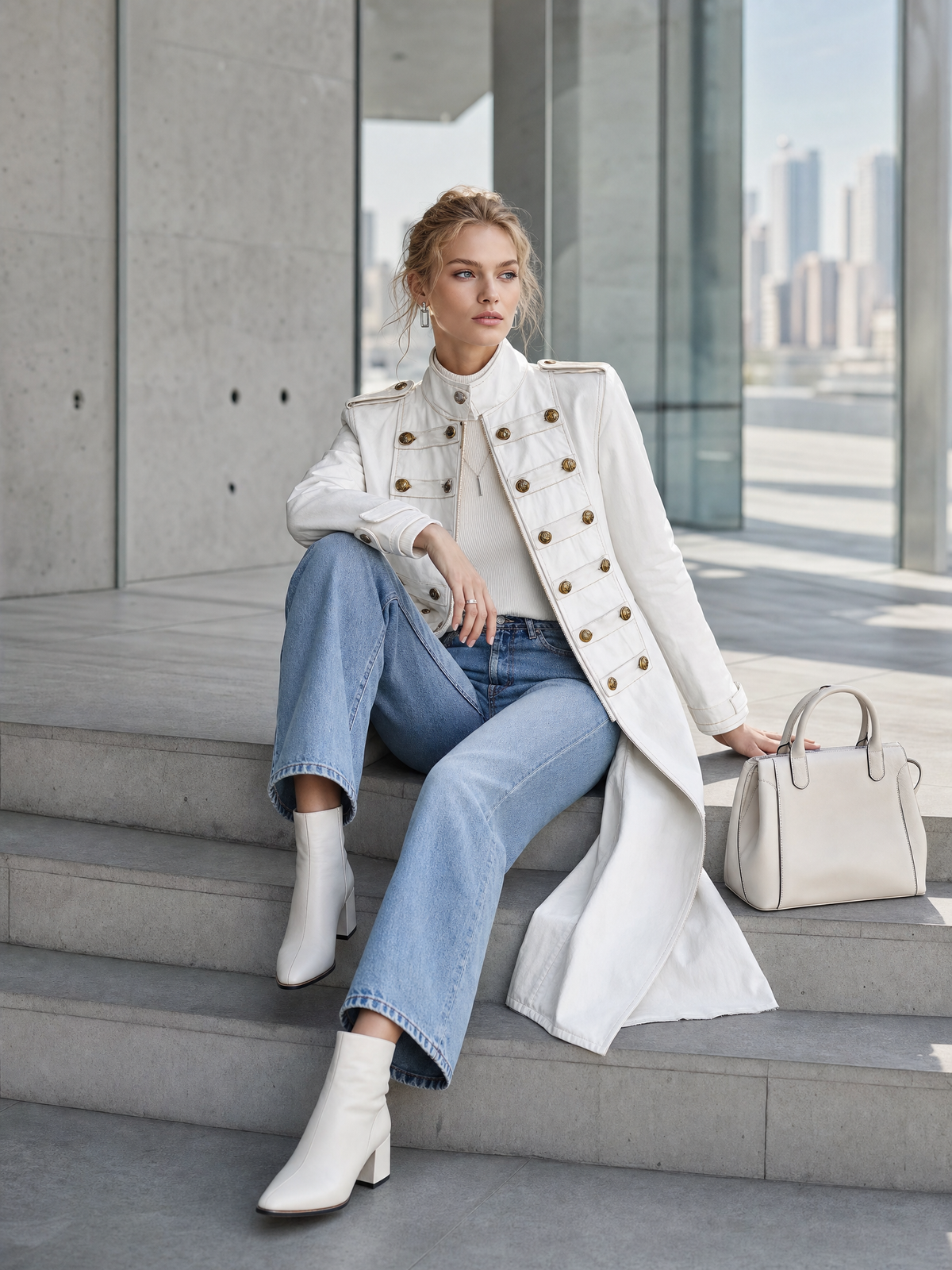 Classic Military Officer Style White Denim Front-Zip Coat