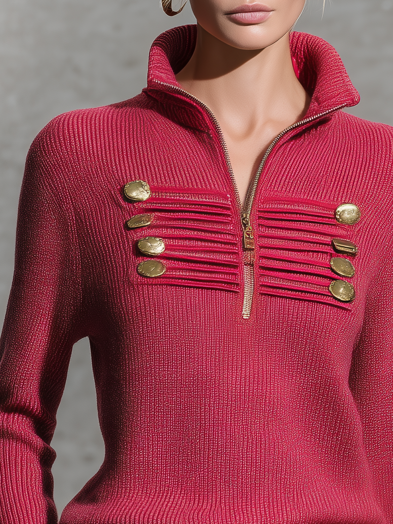Vintage-style Elegant Casual Knit Top With A Military-inspired Stand Collar