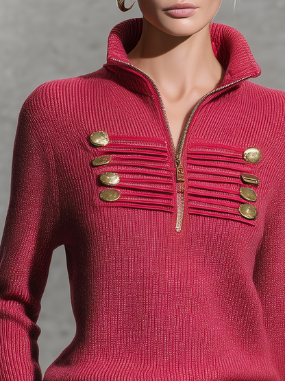 Vintage-style Elegant Casual Knit Top With A Military-inspired Stand Collar