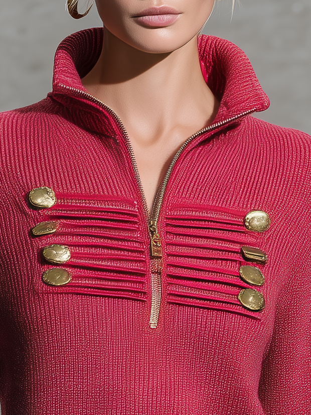 Vintage-style Elegant Casual Knit Top With A Military-inspired Stand Collar