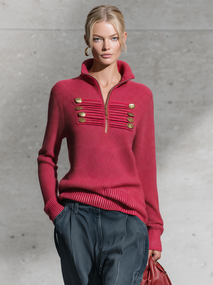 Vintage-style Elegant Casual Knit Top With A Military-inspired Stand Collar