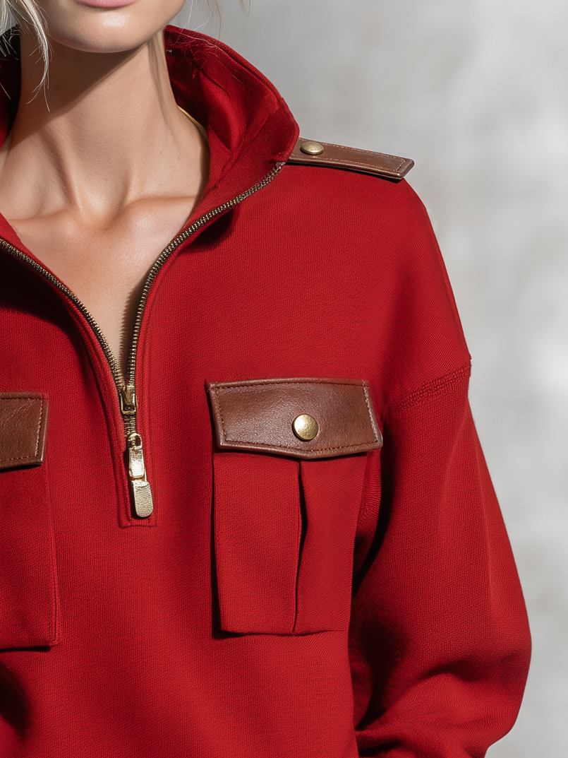 Retro-casual Military-style Pullover Sweatshirt With Stand Collar And PU Leather Paneling