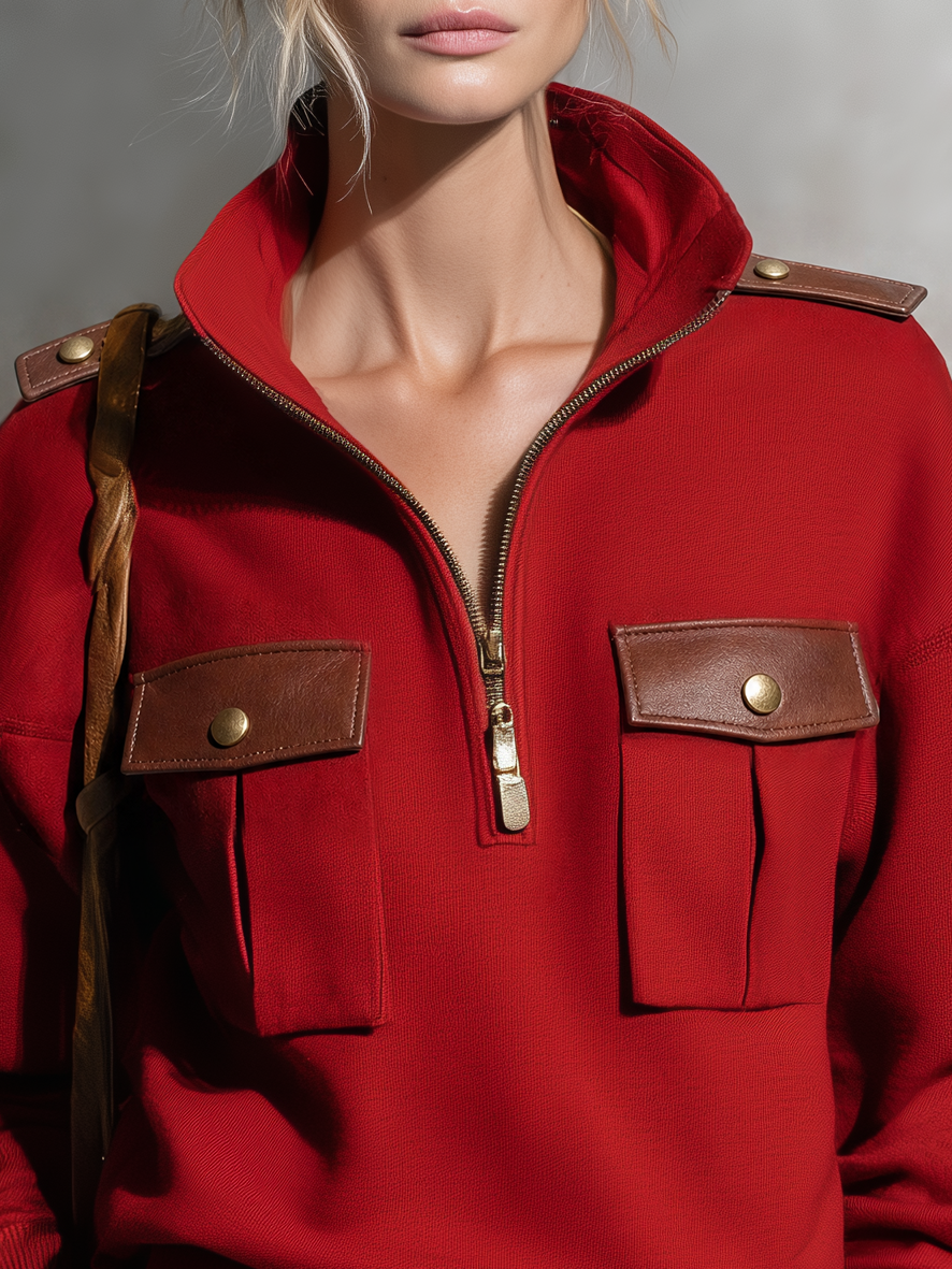 Retro-casual Military-style Pullover Sweatshirt With Stand Collar And PU Leather Paneling