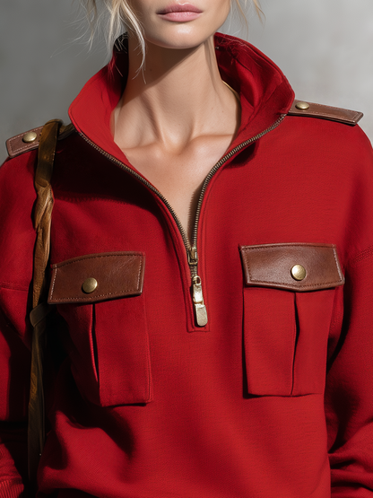 Retro-casual Military-style Pullover Sweatshirt With Stand Collar And PU Leather Paneling