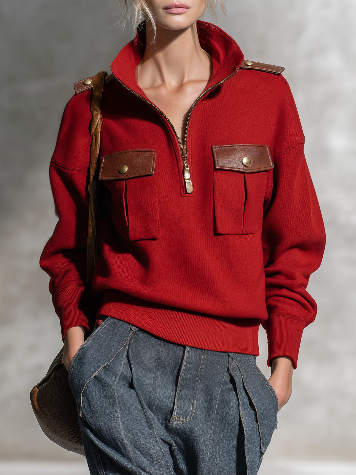 Retro-casual Military-style Pullover Sweatshirt With Stand Collar And PU Leather Paneling