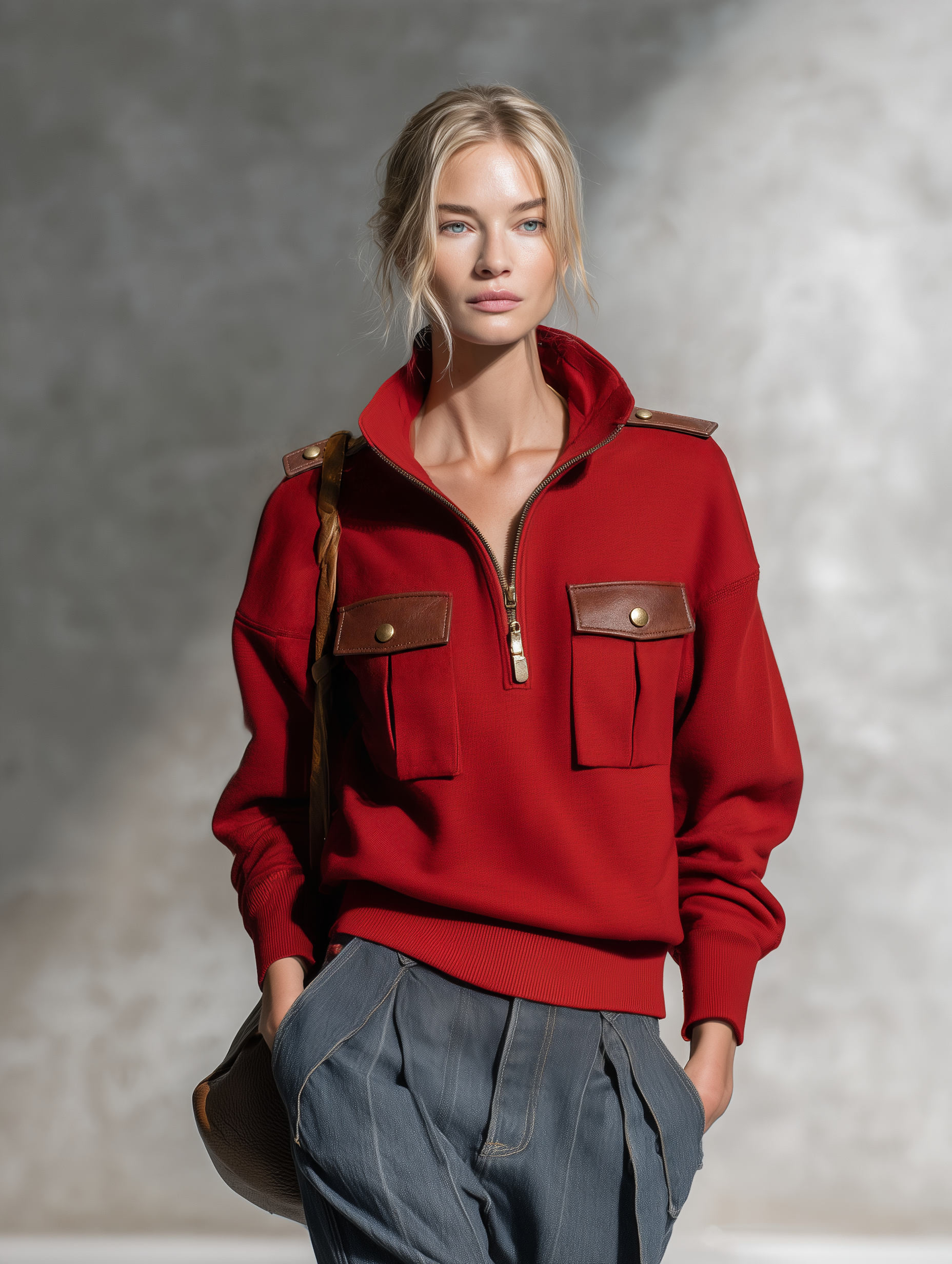 Retro-casual Military-style Pullover Sweatshirt With Stand Collar And PU Leather Paneling