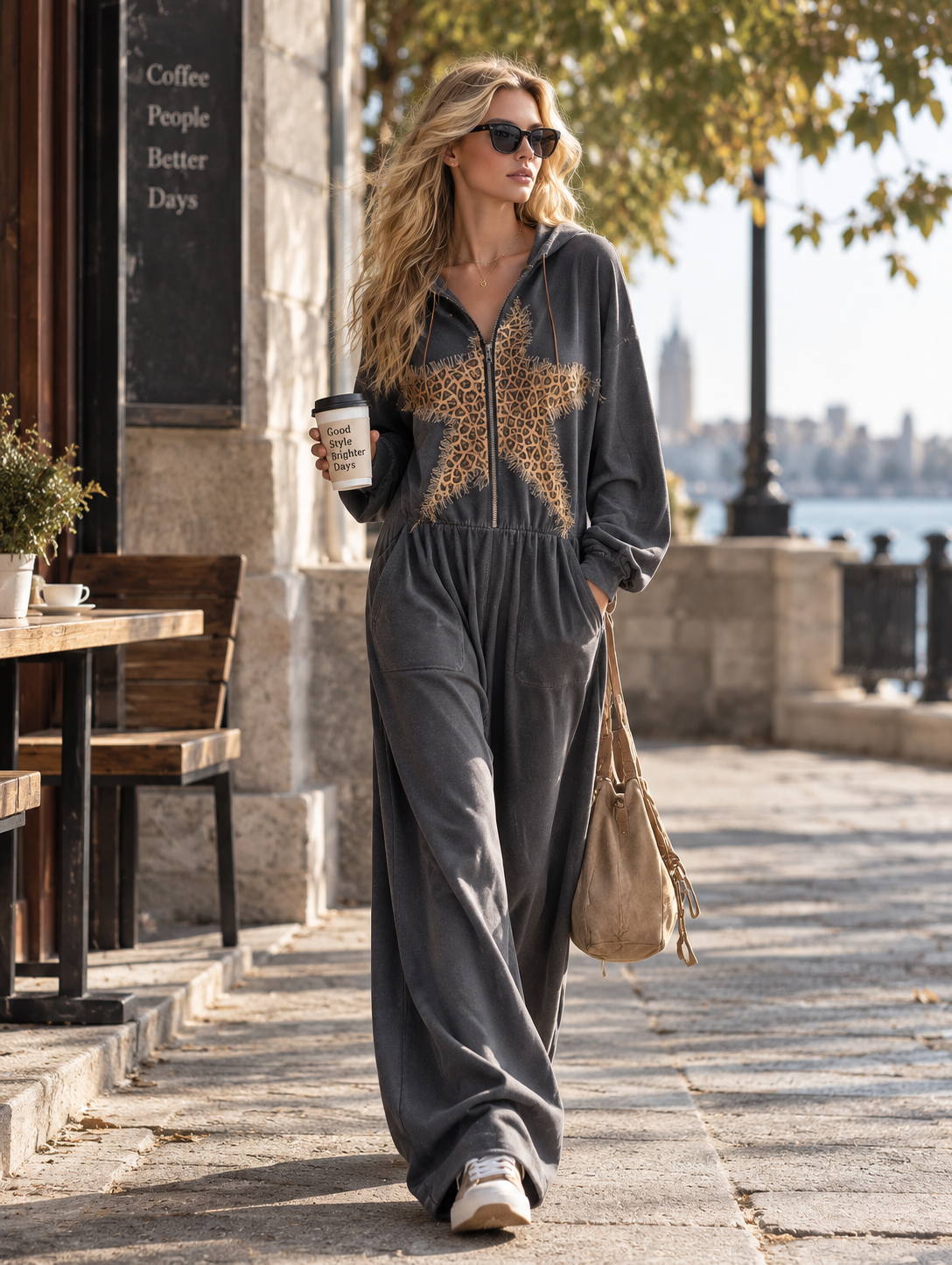 Stylish Casual Leopard &amp; Star Patch Grey Cotton Hooded Jumpsuit