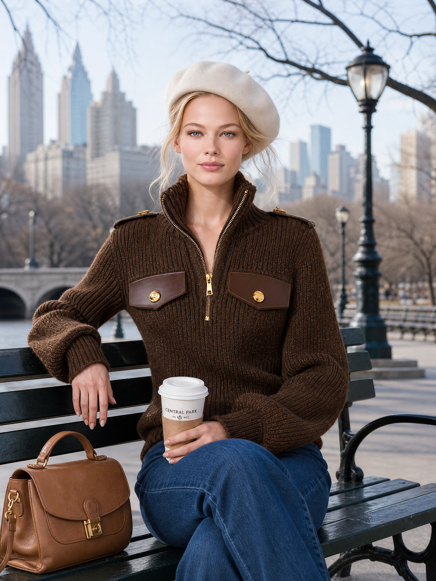 Heritage Utility Brown Mock Neck Zip Sweater Women Epaulette Flap Pocket