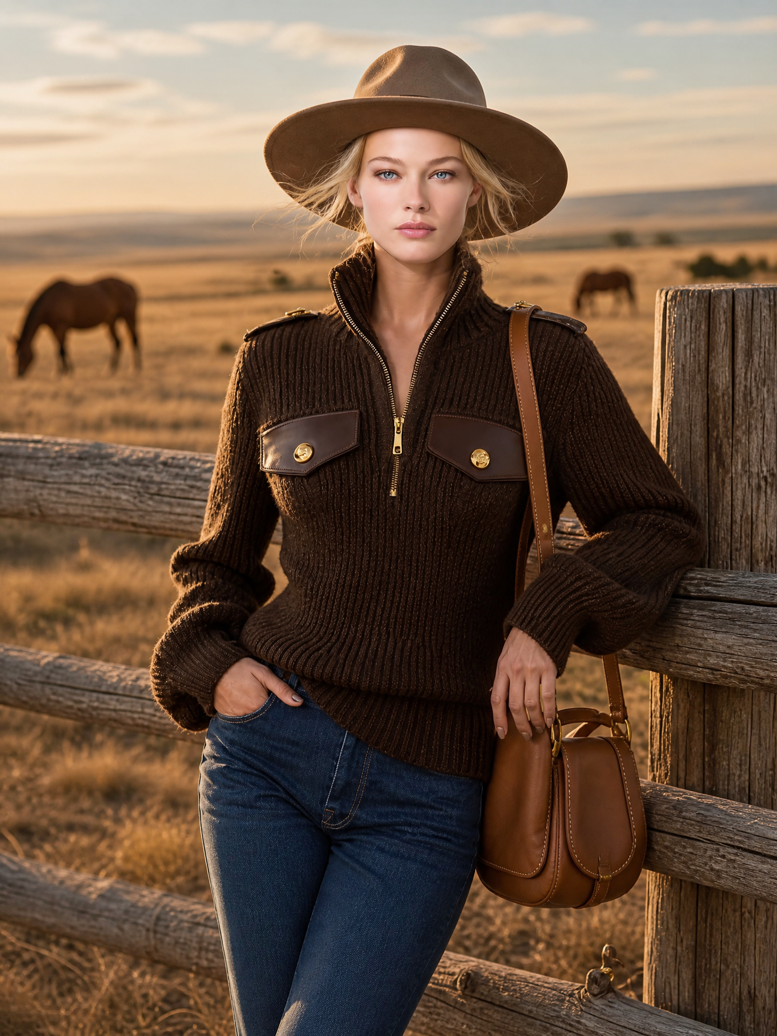 Heritage Utility Brown Mock Neck Zip Sweater Women Epaulette Flap Pocket
