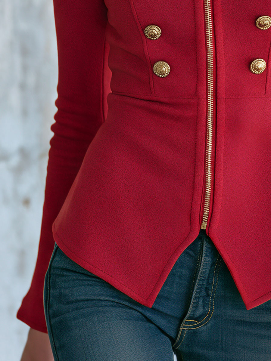 Retro-style Elegant Red Stand-up Collar Gold Button Zipper Military Cotton Jacket