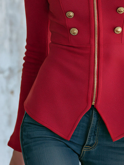 Retro-style Elegant Red Stand-up Collar Gold Button Zipper Military Cotton Jacket