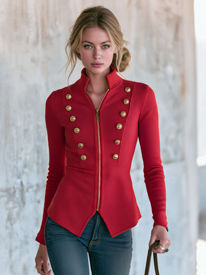 Retro-style Elegant Red Stand-up Collar Gold Button Zipper Military Cotton Jacket