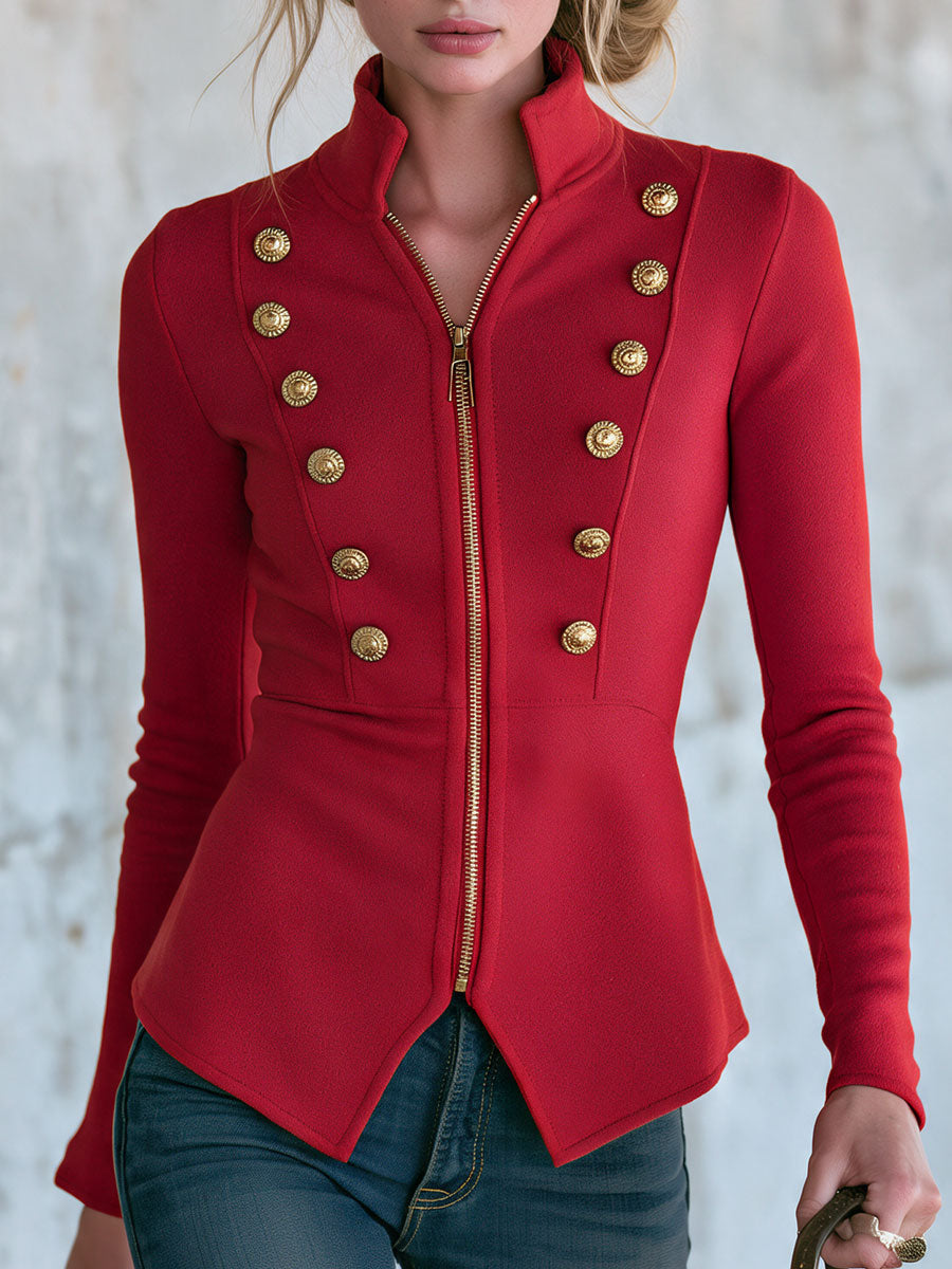 Retro-style Elegant Red Stand-up Collar Gold Button Zipper Military Cotton Jacket
