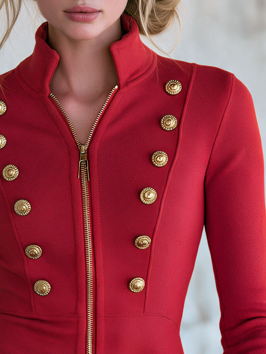 Retro-style Elegant Red Stand-up Collar Gold Button Zipper Military Cotton Jacket