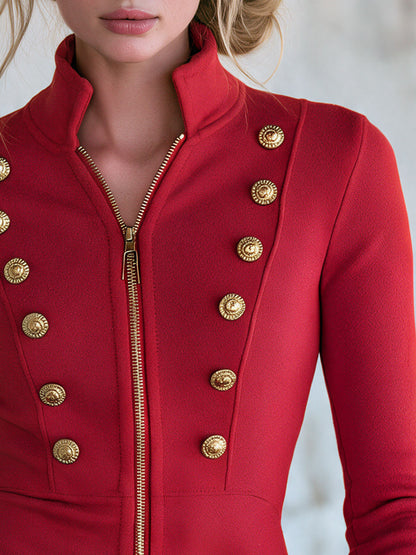 Retro-style Elegant Red Stand-up Collar Gold Button Zipper Military Cotton Jacket