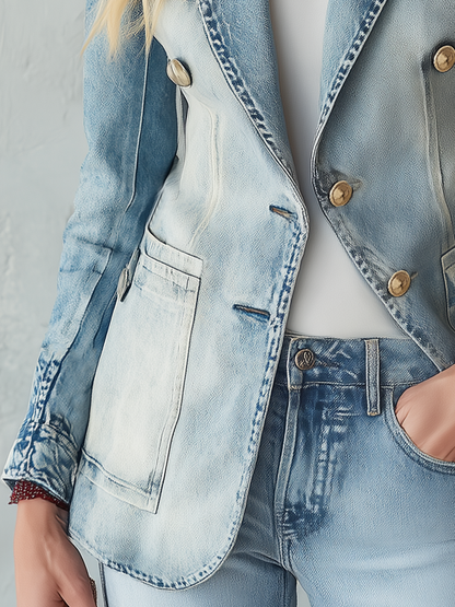 Vintage Double-Breasted Denim Blazer Suit For Women