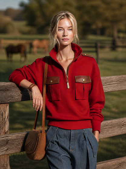 Retro-casual Military-style Pullover Sweatshirt With Stand Collar And PU Leather Paneling