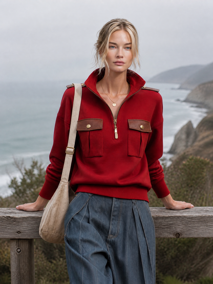 Retro-casual Military-style Pullover Sweatshirt With Stand Collar And PU Leather Paneling