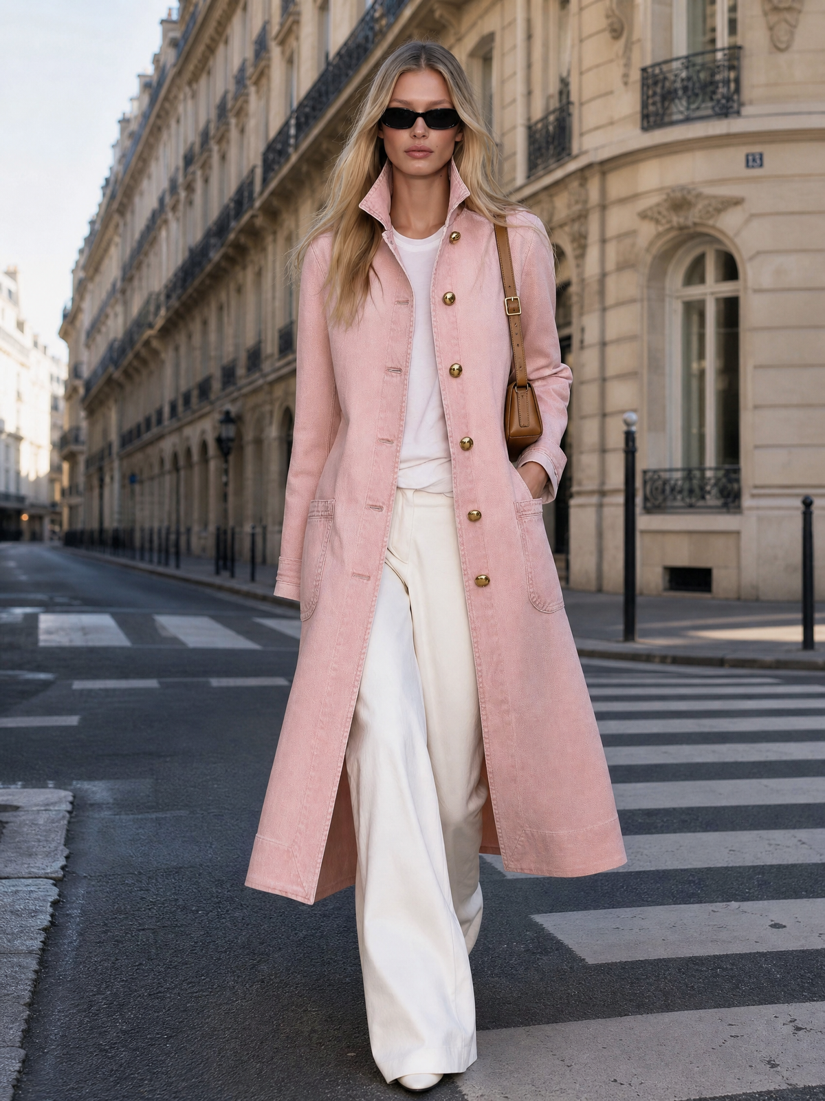 Elegant Blush Washed Denim Duster Coat Stand Collar Gold Dome Buttons