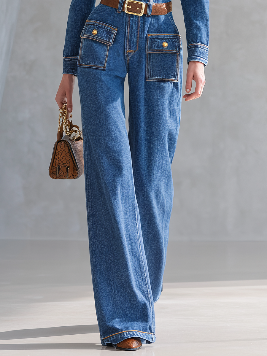 Women’s Vintage Utility Denim Jumpsuit, Wide-Leg Belted