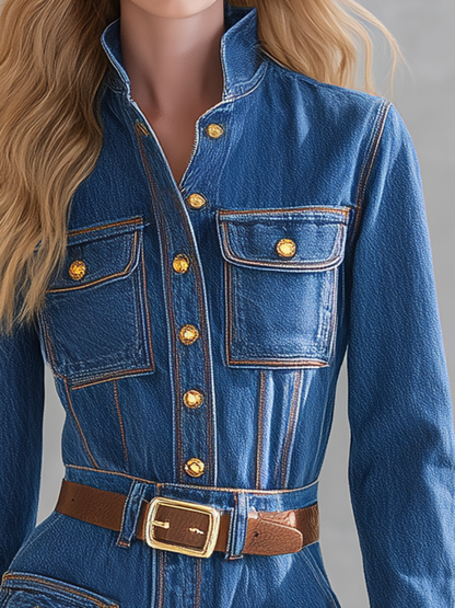 Women’s Vintage Utility Denim Jumpsuit, Wide-Leg Belted