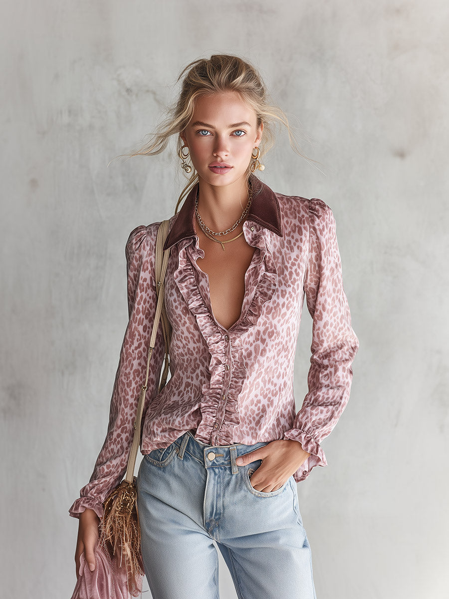 Vintage-style Pink Leopard Print Ruffled Matte Velvet Shirt