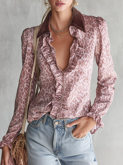 Vintage-style Pink Leopard Print Ruffled Matte Velvet Shirt