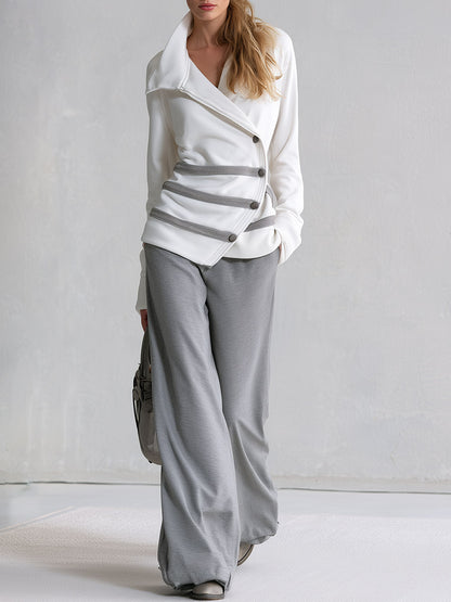 Stylish Casual White Webbing-Trim Asymmetric-Placket Sweatshirt &amp; Grey Wide-Leg Cotton Pants Set