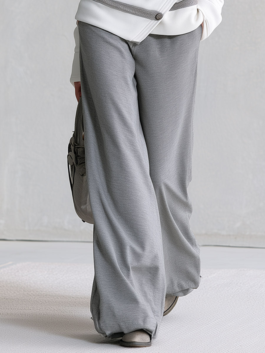 Stylish Casual White Webbing-Trim Asymmetric-Placket Sweatshirt &amp; Grey Wide-Leg Cotton Pants Set