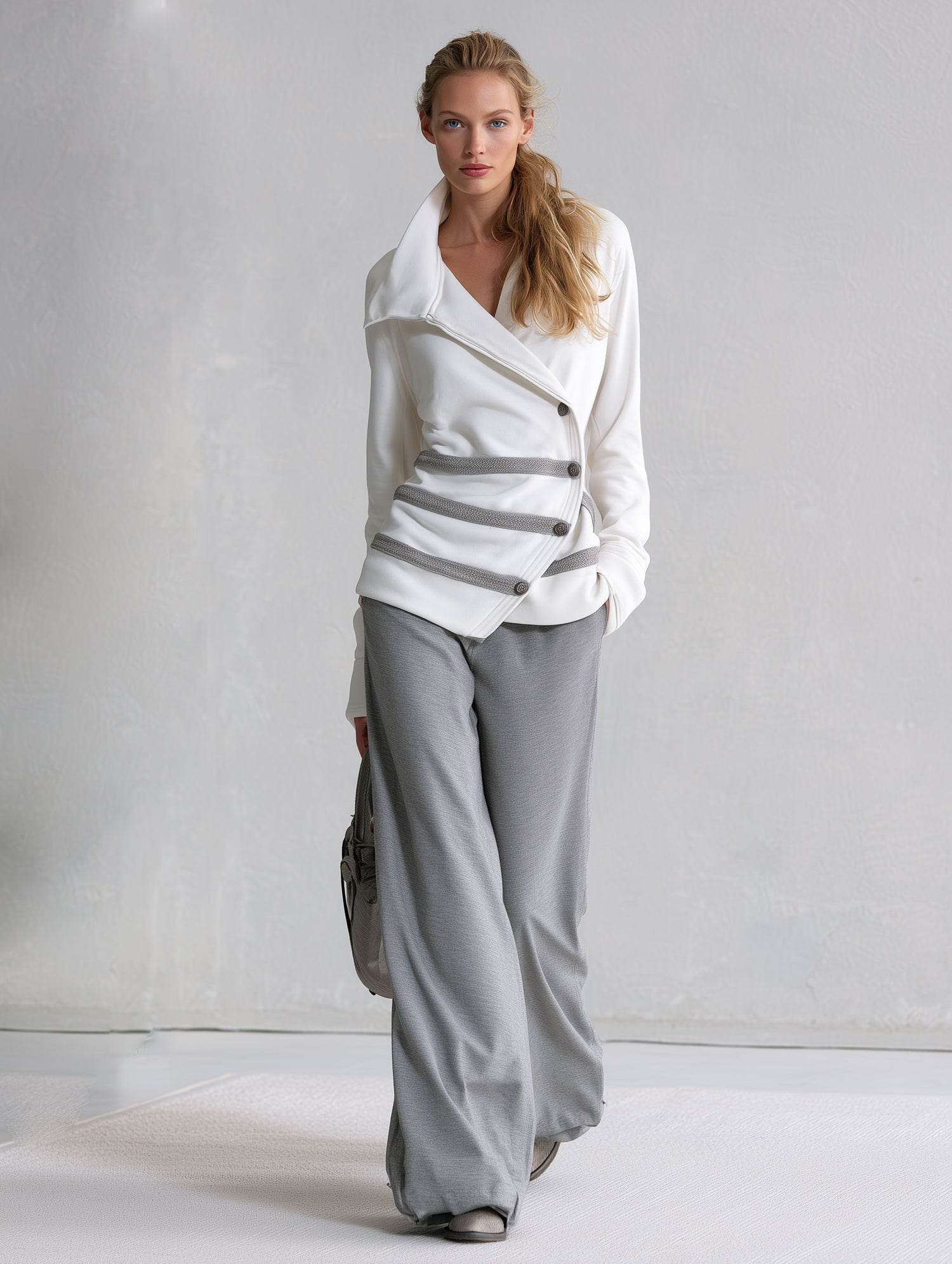 Stylish Casual White Webbing-Trim Asymmetric-Placket Sweatshirt &amp; Grey Wide-Leg Cotton Pants Set