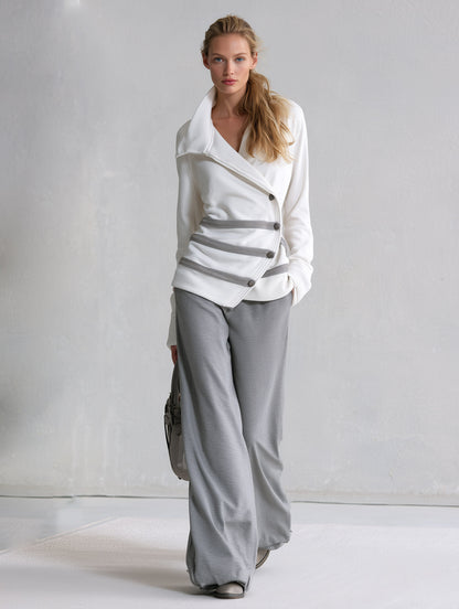 Stylish Casual White Webbing-Trim Asymmetric-Placket Sweatshirt &amp; Grey Wide-Leg Cotton Pants Set
