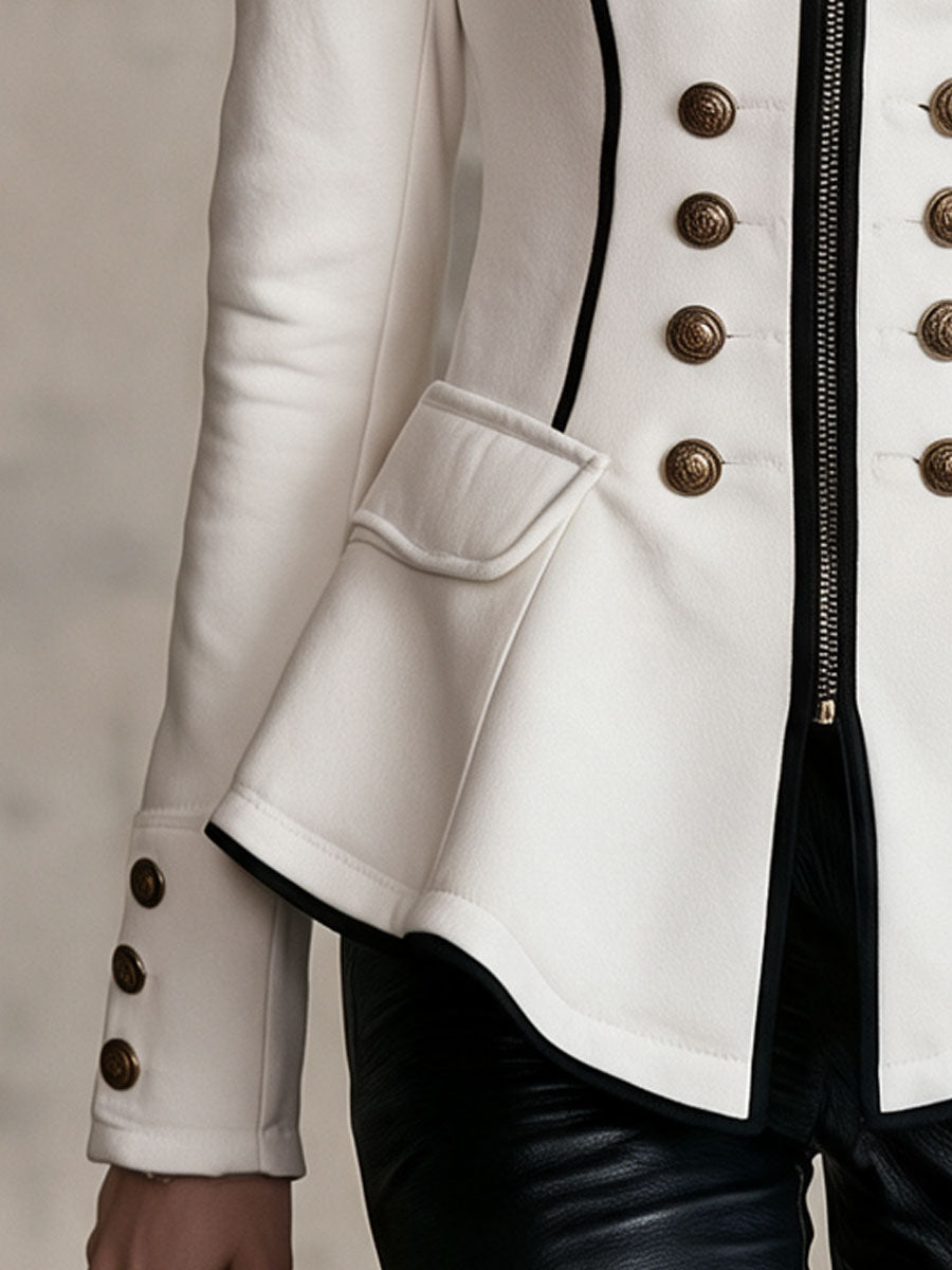 Retro Elegant White Military Stand-Collar Gold-Button Zip-Up Peplum Jacket